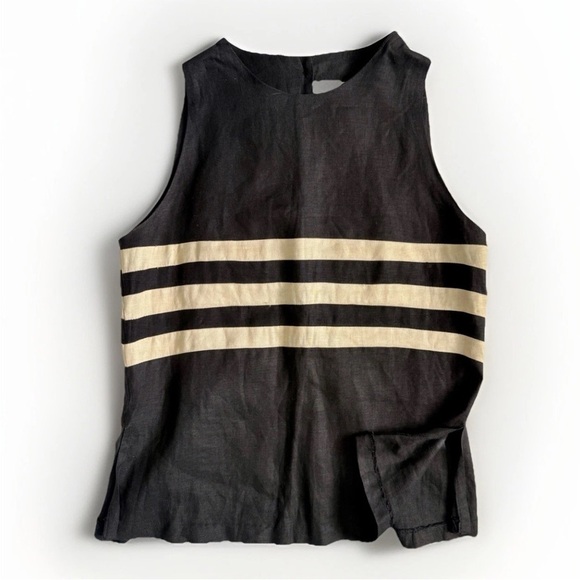 Joe Tops - Joe 100% Linen Button Up Back Striped Black Top Large Neutral Luxury Summer